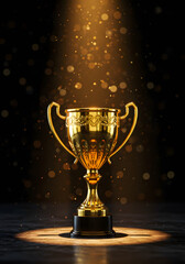 Shiny gold cup trophy placed on a stage floor, illuminated by a warm spotlight. Dark ambient background with subtle light dots, symbol of success, honor, championship, and recognition.