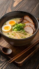 Moody close-up of authentic tonkotsu ramen on slate. Rich broth, spilling egg yolk, tender chashu, and steam under warm light. Blurred depth and ambient tones create rustic, zen-like intimacy.