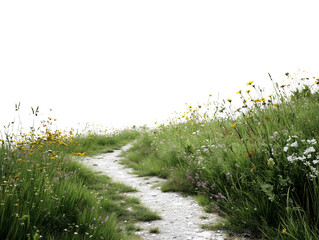 A gently curving path winds through a field of wildflowers, leading the eye towards a bright horizon.