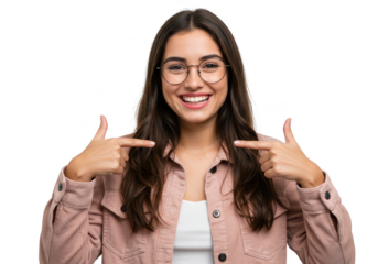 A woman wearing glasses smiles confidently and points to herself, isolated on a transparent background