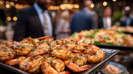 Close-up of grilled shrimp skewers garnished with herbs, surrounded by smartly dressed guests chatting near buffet table during upscale corporate luncheon