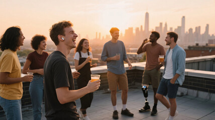 Warm sunset rooftop party in the city — young adults laughing together, showcasing hearing aid and prosthetic leg