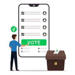 Mobile application for online voting concept.  A man clicking button of vote on phone screen. Election day, making choice, balloting paper and democracy.
