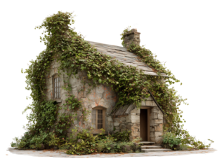 A charming stone cottage covered in lush greenery