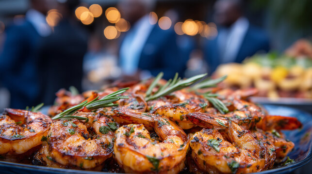 Close-up of grilled shrimp skewers garnished with herbs, surrounded by smartly dressed guests chatting near buffet table during upscale corporate luncheon - Powered by Adobe