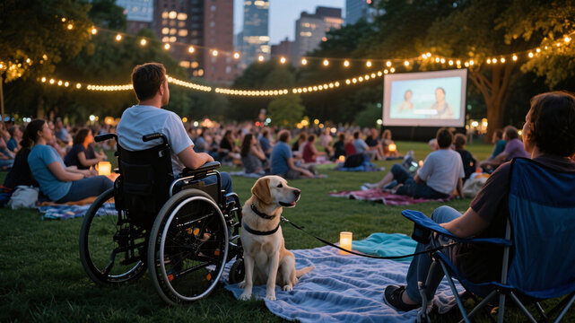 Urban outdoor cinema night with disability inclusion — audience on blankets and chairs watching film under warm lights