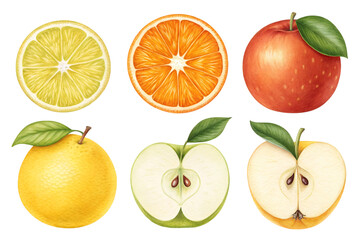 Watercolor Fruit Set Lemon Orange Grapefruit Apples Isolated on a transparent background image