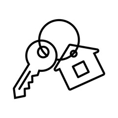 Line icon of house key with keychain, used in real estate, rental, and construction. Editable stroke. vector illustration