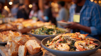 Buffet counter at a business mixer showcases roasted vegetables, grilled seafood, artisan breads; guests discuss strategy and sip drinks nearby