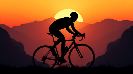 Obraz premium Minimal Vector Art Concept Poster: Close-Up Cyclist Silhouette Against a Dramatic Sunset Mountain Backdrop