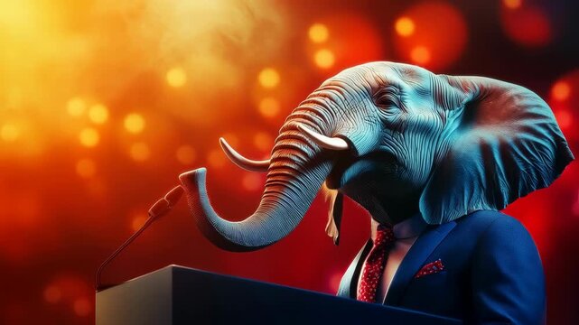 An elephant head takes center stage at a podium, dressed in a suit, symbolizing the Republican Party in a political speech that evokes strength.