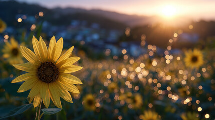 Radiant sunflower blossoms alone, catching full light of a fading sun, with lens flares and dust particles dancing in the warm field air