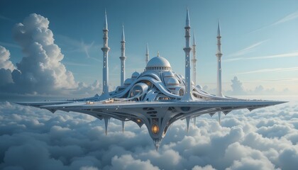 Futuristic Mosque in the Sky – A modern floating mosque with glowing minarets and advanced energy systems hovering above the clouds.
