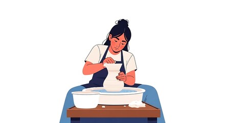 Woman Shaping Clay on Potter's Wheel in Art Studio