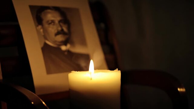 Candlelit memorial transition: flickering light on vintage portrait exploration.  International Day of the Disappeared