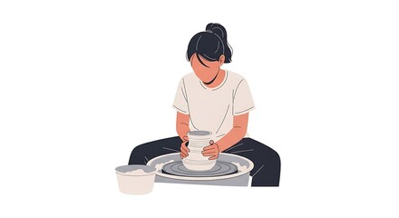 Woman Creating Pottery on Wheel in Studio Setting