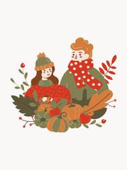 Autumn vector illustration. Autumn postcard with characters, falling leaves, pumpkins, clothes, dishes. Applicable for web banner, poster
