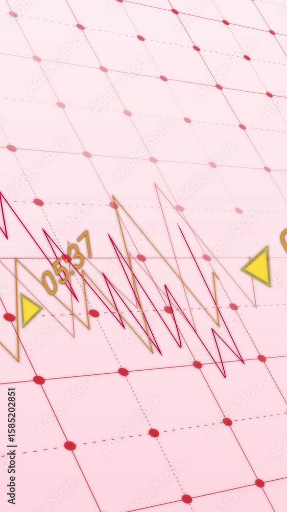 Poster animation of changing numbers and graphs over grid pattern against pink background