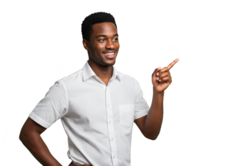 A happy man in a white shirt points to the side with his finger, isolated on a transparent background