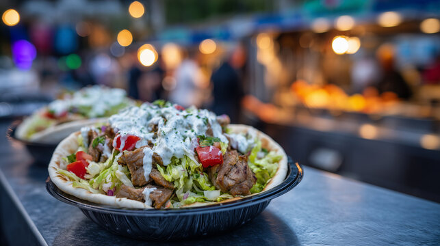 Mouthwatering gyros packed with grilled meat, shredded cabbage, red tomato, and white garlic sauce held above food truck counter on busy afternoon
