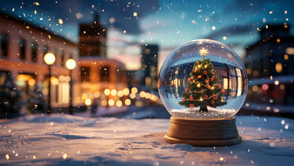 Fototapeta premium Magical christmas snow globe with decorated tree and twinkling lights sits on snowy ground with bokeh city lights in background