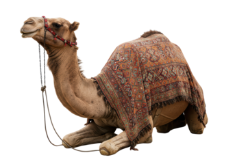 Isolated Resting Camel Adorned with Traditional Blanket