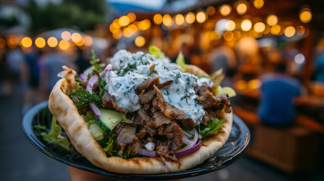 Fototapeta Juicy gyros cradled in hand with creamy tzatziki dripping down sides, crispy pita edges, background softly shows busy street food vendor setup