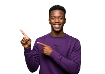 A smiling man in a purple sweatshirt points to the side with his fingers, isolated on a transparent background