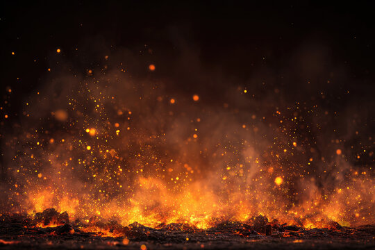 Background with fire sparks, embers and smoke. Overlay effect of burn coal, grill, hell or bonfire with flame glow, flying orange sparkles and fog on black background,