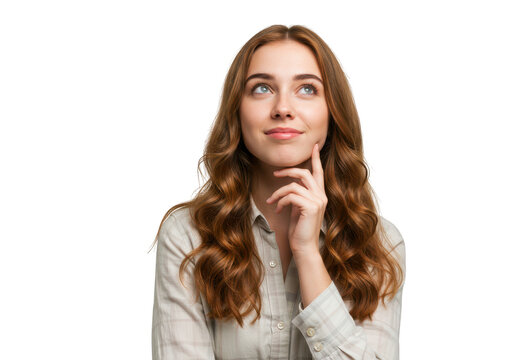 A thoughtful young woman with brown wavy hair looks up with her hand on her chin, isolated on a transparent background - Powered by Adobe