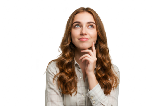 A thoughtful young woman with brown wavy hair looks up with her hand on her chin, isolated on a transparent background