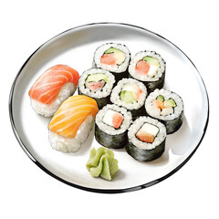 A traditional watercolor depiction of a sushi platter, including nigiri, maki rolls, and fresh sashimi slices