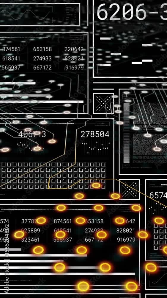 Poster animation of changing numbers, loading bars, squares and circles over circuit board pattern