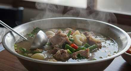 Steaming Hot Delicious Mutton Soup with Vegetables in a Large Bowl