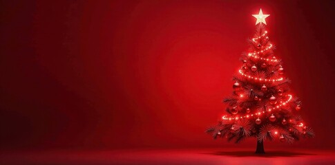 Dazzling red Xmas tree, vibrant lights & ornaments against a rich red background, xmas tree, winter holiday