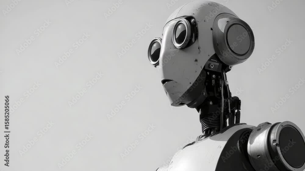 Poster robotic human-like figure with mechanical parts, indicating advanced technology and artificial intel