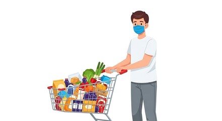 Man Pushing Shopping Cart with Groceries Wearing Mask