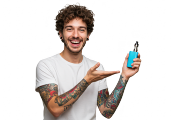 A smiling, tattooed young man with curly hair holds up a vape device, presenting it to the viewer, isolated on white isolated on transparent background