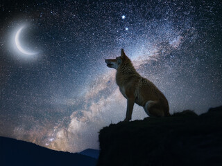 Wolf howling under moonlight with stars and mountain silhouette
Ethiopian wolf in night terrain with glowing moon and stars