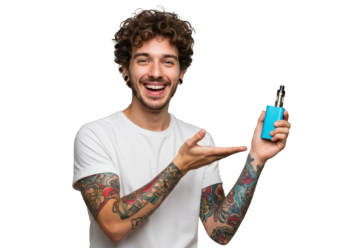 A smiling, tattooed young man with curly hair holds up a vape device, presenting it to the viewer, isolated on white isolated on transparent background - Powered by Adobe