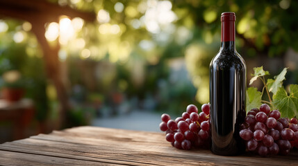 Vintage rustic wooden table holds single unlabeled red wine bottle, fresh dark red grapes with stems arranged in loose bunch, sunlight filtering softly from side, natural and invit