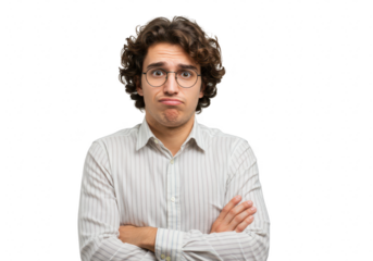 A confused young man with curly hair and glasses crosses his arms and furrows his brow, isolated on a transparent background