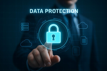 Businessman pressing virtual padlock on screen for data protection and cybersecurity