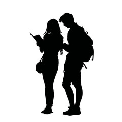  Tourist Couple Looking at Guidebook or Phone Map Silhouette on White Background