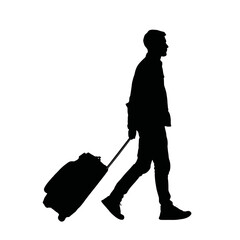  Tourist Pulling Wheeled Suitcase Walking Silhouette on White Background