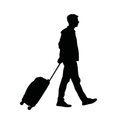  Tourist Pulling Wheeled Suitcase Walking Silhouette on White Background