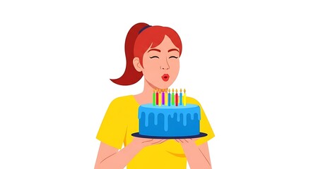 Woman Blowing Out Candles on a Birthday Cake Illustration