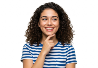 A young woman with curly black hair smiles thoughtfully, resting her chin on her hand, isolated on transparent background