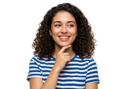 A young woman with curly black hair smiles thoughtfully, resting her chin on her hand, isolated on transparent background