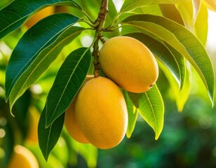 Mangoes on Tree Branch with Leaves